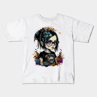 Cartoon little girl with glasses in gothic style at school Kids T-Shirt